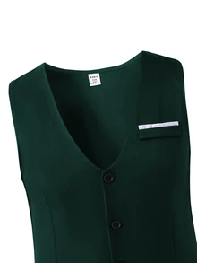 SHEIN 3pcs Teen Boy Gentleman Suit Set:Sophisticated Contrast Collar Blazer,Slim Fit Vest Elegant Cute Trousers For Birthday Party Gift,Wedding Black Summer - Dark Green - View 8
