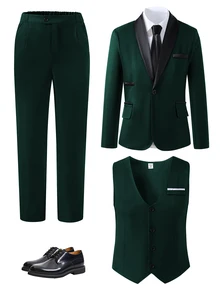 SHEIN 3pcs Teen Boy Gentleman Suit Set:Sophisticated Contrast Collar Blazer,Slim Fit Vest Elegant Cute Trousers For Birthday Party Gift,Wedding Black Summer - Dark Green - View 7