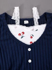 SHEIN 2件組青少年女孩冬季可愛拼接V領長袖T恤刺繡牛仔褲套裝，校園休閒白色酷女孩風 - 藏蓝色 - 查看 5
