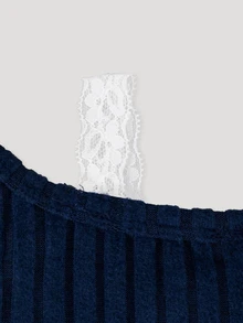 SHEIN 2件組青少年女孩冬季可愛拼接V領長袖T恤刺繡牛仔褲套裝，校園休閒白色酷女孩風 - 藏蓝色 - 查看 6