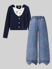 SHEIN 2件組青少年女孩冬季可愛拼接V領長袖T恤刺繡牛仔褲套裝，校園休閒白色酷女孩風 - 藏蓝色 - 查看 3