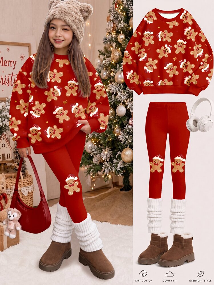 Vintage Girl Christmas Red, Super Cute Mini Polka Dot Christmas Hat Gingerbread Man Print, Women & Kids Casual Comfortable Fleece Lined Loose Round Neck Sweatshirt & Brushed Leggings Set, New Style For Autumn/Winter Daily, Holiday, Vacation, Christmas Party, Family & Sister Matching, Party, Gift, Cozy Vibe - Multicolor - View 3