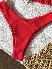 SHEIN Swim Women's Red Halter Tie Back Bikini Set With High Cut Bottom Plain Fabric Swimwear - Red - View 6