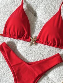 SHEIN Swim Women's Red Halter Tie Back Bikini Set With High Cut Bottom Plain Fabric Swimwear - Red - View 5