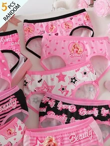 SHEIN 5件組隨機盲盒女童幼兒內褲，漂亮女孩印花組合系列，含皇冠、蝴蝶結、愛心等可愛元素，粉色、黑色、白色配色，柔軟光滑觸感，針織布料製成，高彈性內褲套裝，適合四季輕便穿著 - 彩色 - 查看 3