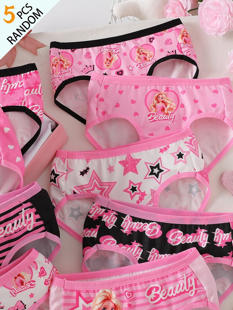 SHEIN 5pcs Random Blind Box Girls Toddler Panties, Pretty Girl Print Combination Series With Crown, Bow, Heart And Other Cute Elements, Pink, Black, White Color Combination, Soft And Smooth Texture, Made Of Knitted Fabric, High Elasticity Panties Set, Suitable For All Seasons Lightweight Clothing - Multicolor - View 3