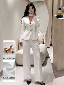 Modelyn Spring/Autumn Minimalist Fashion Elegant Commute Elegant Solid Color Silk V-Neck Bowknot Metal Buckle Waist-Cinching Long Sleeve Women's Suit Set - White - View 12