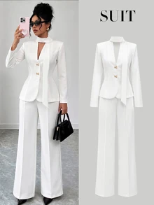 Modelyn Spring/Autumn Minimalist Fashion Elegant Commute Elegant Solid Color Silk V-Neck Bowknot Metal Buckle Waist-Cinching Long Sleeve Women's Suit Set - White - View 5