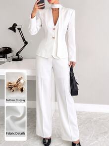 Modelyn Spring/Autumn Minimalist Fashion Elegant Commute Elegant Solid Color Silk V-Neck Bowknot Metal Buckle Waist-Cinching Long Sleeve Women's Suit Set - White - View 11