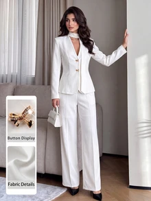 Modelyn Spring/Autumn Minimalist Fashion Elegant Commute Elegant Solid Color Silk V-Neck Bowknot Metal Buckle Waist-Cinching Long Sleeve Women's Suit Set - White - View 2