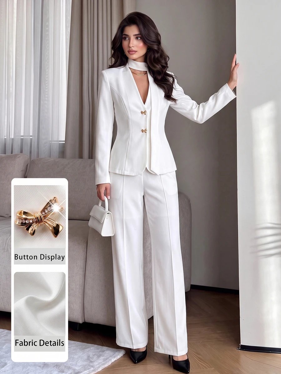 Modelyn Spring/Autumn Minimalist Fashion Elegant Commute Elegant Solid Color Silk V-Neck Bowknot Metal Buckle Waist-Cinching Long Sleeve Women's Suit Set