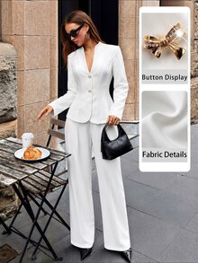 Modelyn Spring/Autumn Minimalist Fashion Elegant Commute Elegant Solid Color Silk V-Neck Bowknot Metal Buckle Waist-Cinching Long Sleeve Women's Suit Set - White - View 4