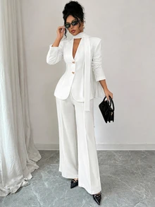 Modelyn Spring/Autumn Minimalist Fashion Elegant Commute Elegant Solid Color Silk V-Neck Bowknot Metal Buckle Waist-Cinching Long Sleeve Women's Suit Set - White - View 7