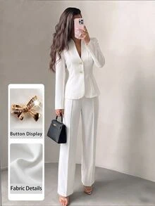 Modelyn Spring/Autumn Minimalist Fashion Elegant Commute Elegant Solid Color Silk V-Neck Bowknot Metal Buckle Waist-Cinching Long Sleeve Women's Suit Set - White - View 9