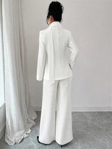 Modelyn Spring/Autumn Minimalist Fashion Elegant Commute Elegant Solid Color Silk V-Neck Bowknot Metal Buckle Waist-Cinching Long Sleeve Women's Suit Set - White - View 3