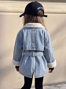 SHEIN Young Girl Young Girl Young Girl Fall/Winter Warm Fleece Lined Blue Collar Long Jacket With Waist , For Young Girls School Clothes, Warm Jacket, Christmas - Medium Wash - View 4