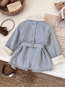 SHEIN Young Girl Young Girl Young Girl Fall/Winter Warm Fleece Lined Blue Collar Long Jacket With Waist , For Young Girls School Clothes, Warm Jacket, Christmas - Medium Wash - View 12