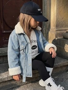 SHEIN Young Girl Young Girl Young Girl Fall/Winter Warm Fleece Lined Blue Collar Long Jacket With Waist , For Young Girls School Clothes, Warm Jacket, Christmas - Medium Wash - View 5