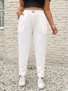 SHEIN PETITE CURVE Plus Size Women's Letter Print Pocket Casual Versatile Long Pants Formal White Summer - White - View 4