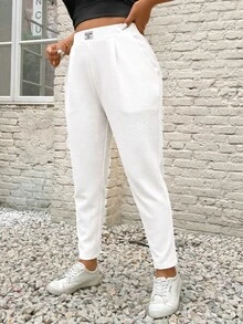 SHEIN PETITE CURVE Plus Size Women's Letter Print Pocket Casual Versatile Long Pants Formal White Summer - White - View 3