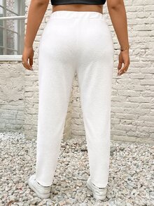 SHEIN PETITE CURVE Plus Size Women's Letter Print Pocket Casual Versatile Long Pants Formal White Summer - White - View 2