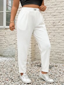 SHEIN PETITE CURVE Plus Size Women's Letter Print Pocket Casual Versatile Long Pants Formal White Summer - White - View 5