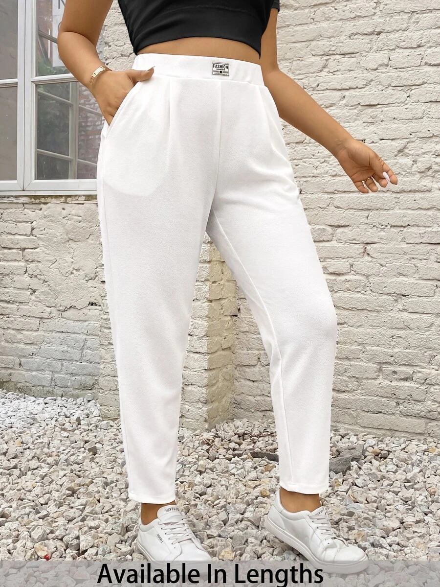 SHEIN PETITE CURVE Plus Size Women's Letter Print Pocket Casual Versatile Long Pants Formal White Summer - White - View 1