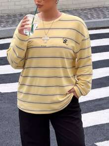 Muchica 大尺碼女款字母條紋印花圓領落肩長袖休閒街頭風寬鬆T恤，適合秋季派對、度假、生日 - 黃色 - 查看 7