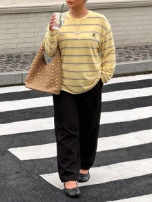 Muchica 大尺碼女款字母條紋印花圓領落肩長袖休閒街頭風寬鬆T恤，適合秋季派對、度假、生日 - 黃色 - 查看 6