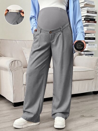 SHEIN Pantalones casuales sueltos con pliegues y cintura ajustable de unicolor para maternidad