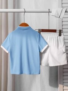 SHEIN Little Byeori 2 件/套年轻男孩舒适立领撞色休闲时尚日常百搭针织衬衫 T 恤和编织短裤，适合春夏季，适合日常穿着、运动、户外、学校、派对、节日、拍照 - 淺藍色 - 查看 9