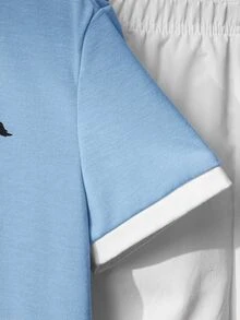 SHEIN Little Byeori 2 件/套年轻男孩舒适立领撞色休闲时尚日常百搭针织衬衫 T 恤和编织短裤，适合春夏季，适合日常穿着、运动、户外、学校、派对、节日、拍照 - 淺藍色 - 查看 11