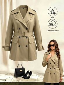 Velvienne Plus Size Lady's Woven Elegant Casual Fall-Winter Coat - Army Green - View 5