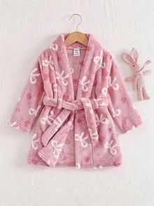 SHEIN 可愛毛茸茸蝴蝶結女嬰居家服，秋冬款 - 粉色 - 查看 5