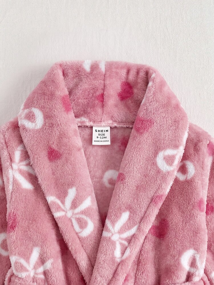 SHEIN Cute Fluffy Bowknot Loungewear For Baby Girls, Autumn/Winter - Pink - View 3