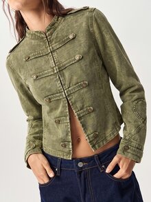 Bohemela 休閒純色梭織長袖修身水洗女款夾克 - 軍綠色 - 查看 7