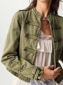 Bohemela 休閒純色梭織長袖修身水洗女款夾克 - 軍綠色 - 查看 1
