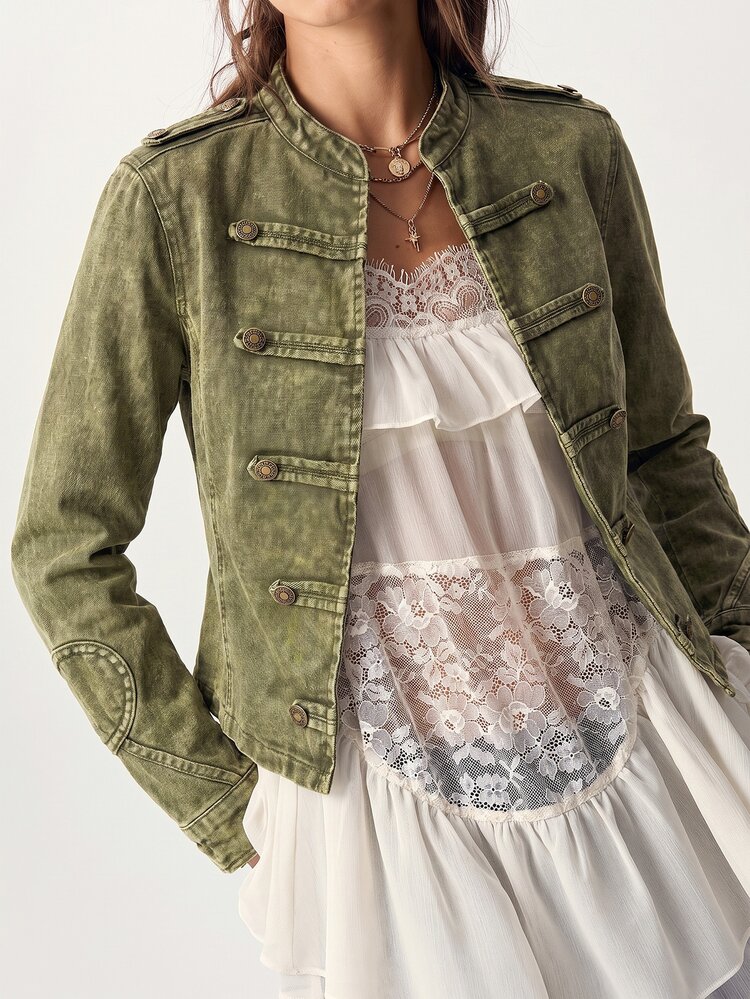 Bohemela Casual Solid Color Woven Long Sleeve Fitted Washed Women's Jacket - Army Green - View 4
