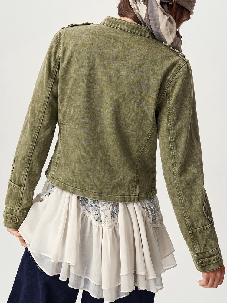 Bohemela Casual Solid Color Woven Long Sleeve Fitted Washed Women's Jacket - Army Green - View 2
