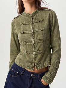 Bohemela 休閒純色梭織長袖修身水洗女款夾克 - 軍綠色 - 查看 5