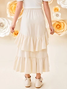 SHEIN Girlism Tween Girls' Casual Loose Layered Ruffled Uneven Hem Mid-Length Skirt - Apricot - View 7