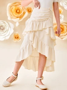 SHEIN Girlism Tween Girls' Casual Loose Layered Ruffled Uneven Hem Mid-Length Skirt - Apricot - View 4