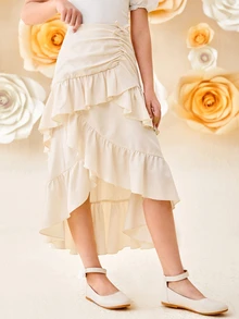 SHEIN Girlism Tween Girls' Casual Loose Layered Ruffled Uneven Hem Mid-Length Skirt - Apricot - View 6