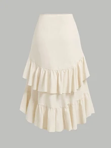 SHEIN Girlism Tween Girls' Casual Loose Layered Ruffled Uneven Hem Mid-Length Skirt - Apricot - View 3