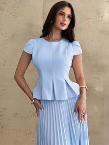 Firerie Women's Summer Elegant Solid Color Pleated Waist-Cinched Top And Pleated Skirt 2 Pieces Set Office Light Blue - Blue - View 4