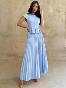 Firerie Women's Summer Elegant Solid Color Pleated Waist-Cinched Top And Pleated Skirt 2 Pieces Set Office Light Blue - Blue - View 7