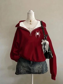 Attitoon Women's Small Floral Pattern Wide Red Loose Half-Zip High Neck Thin Sweatshirt Pullover, Thick Material, Suitable For Autumn/Winter - Red - View 6