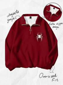 Attitoon Women's Small Floral Pattern Wide Red Loose Half-Zip High Neck Thin Sweatshirt Pullover, Thick Material, Suitable For Autumn/Winter - Red - View 3