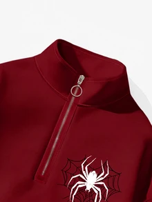 Attitoon Women's Small Floral Pattern Wide Red Loose Half-Zip High Neck Thin Sweatshirt Pullover, Thick Material, Suitable For Autumn/Winter - Red - View 4
