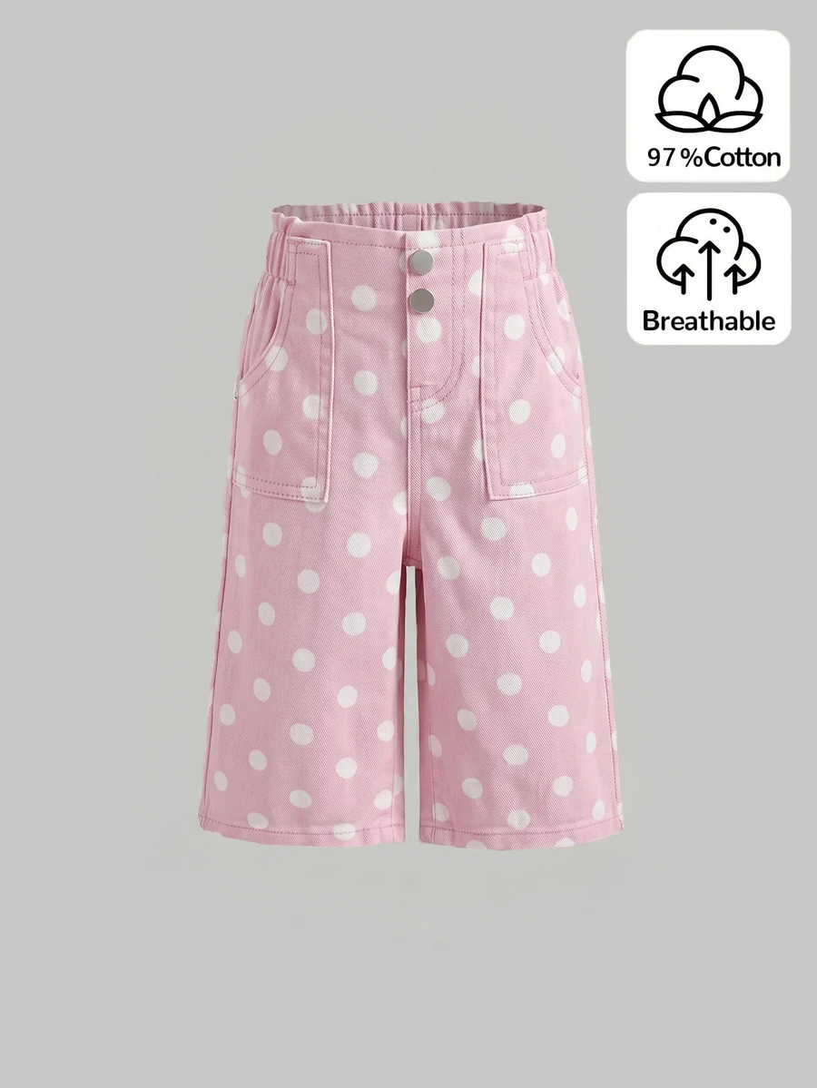 SHEIN Little Byeori Celana Jeans Denim Motif Polkadot Modis untuk Bayi Perempuan dengan Kantong Kancing - Berwarna merah muda - View 1